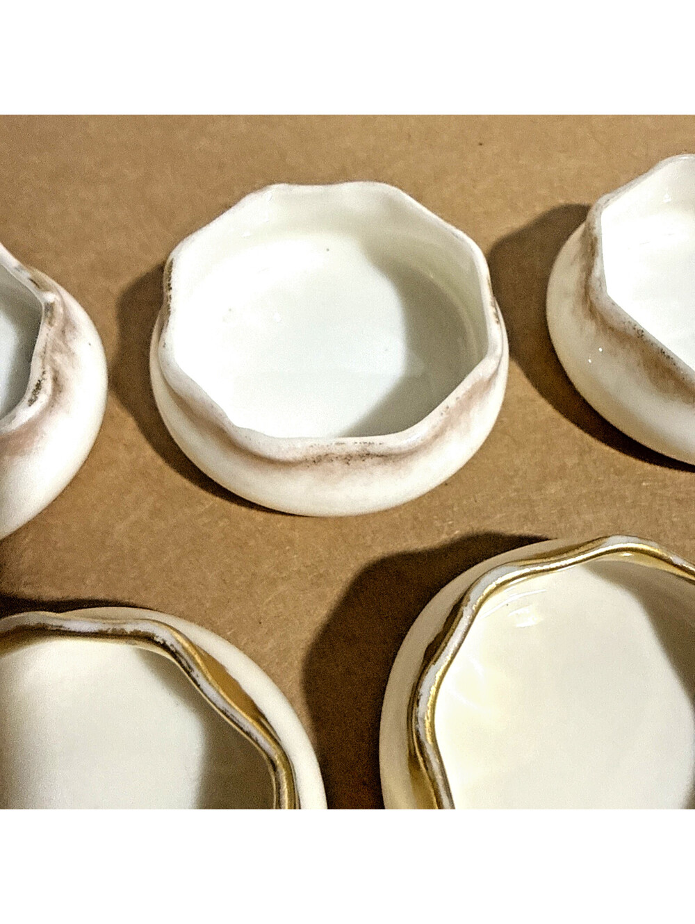 Vintage Belleek Open Salt Dish 5pc Set White Porcelain with Gold Rim - Picture 3 of 9